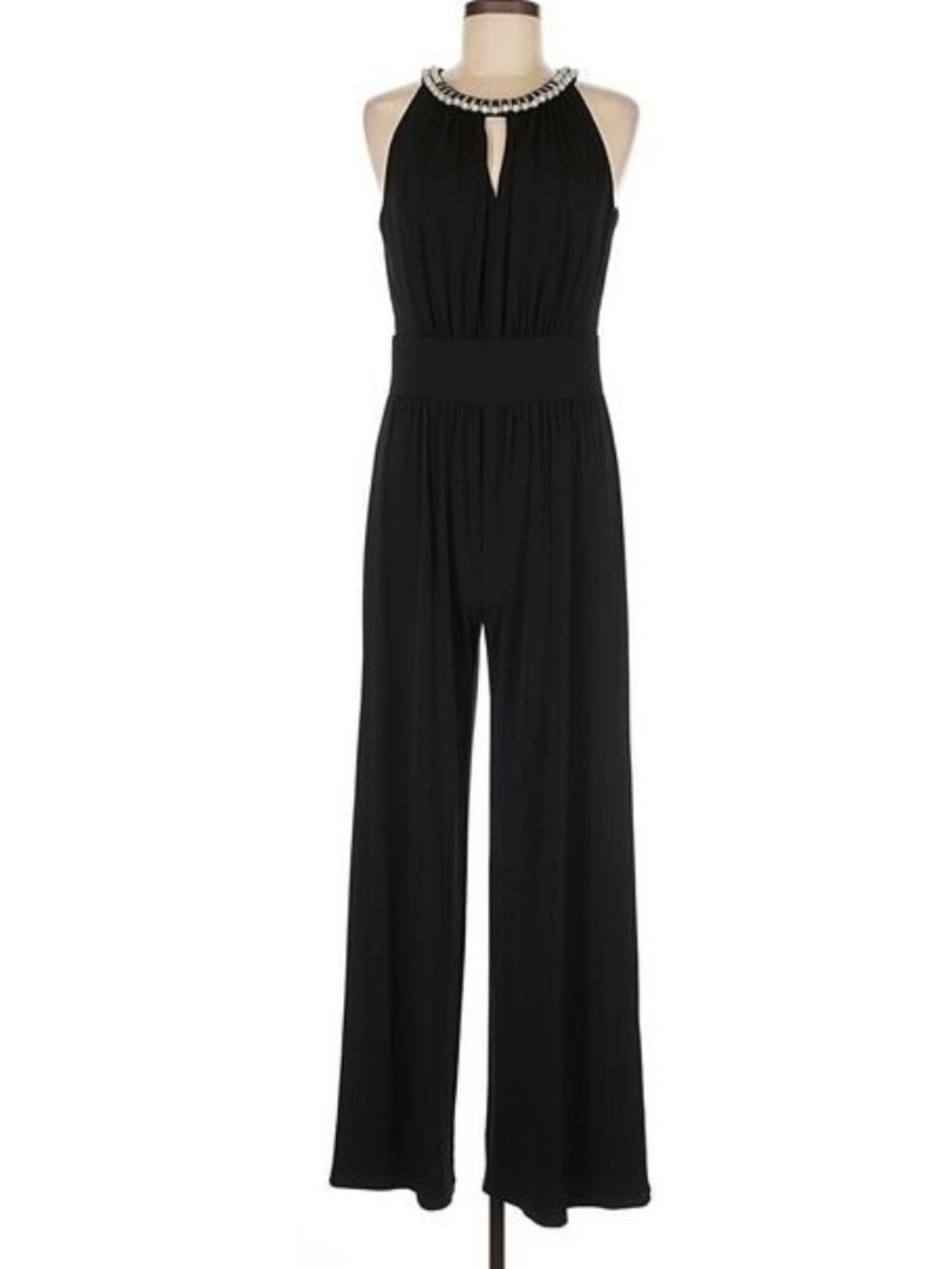 London Times Womens Black Sleeveless Beaded Neckline Jumpsuit Size 8